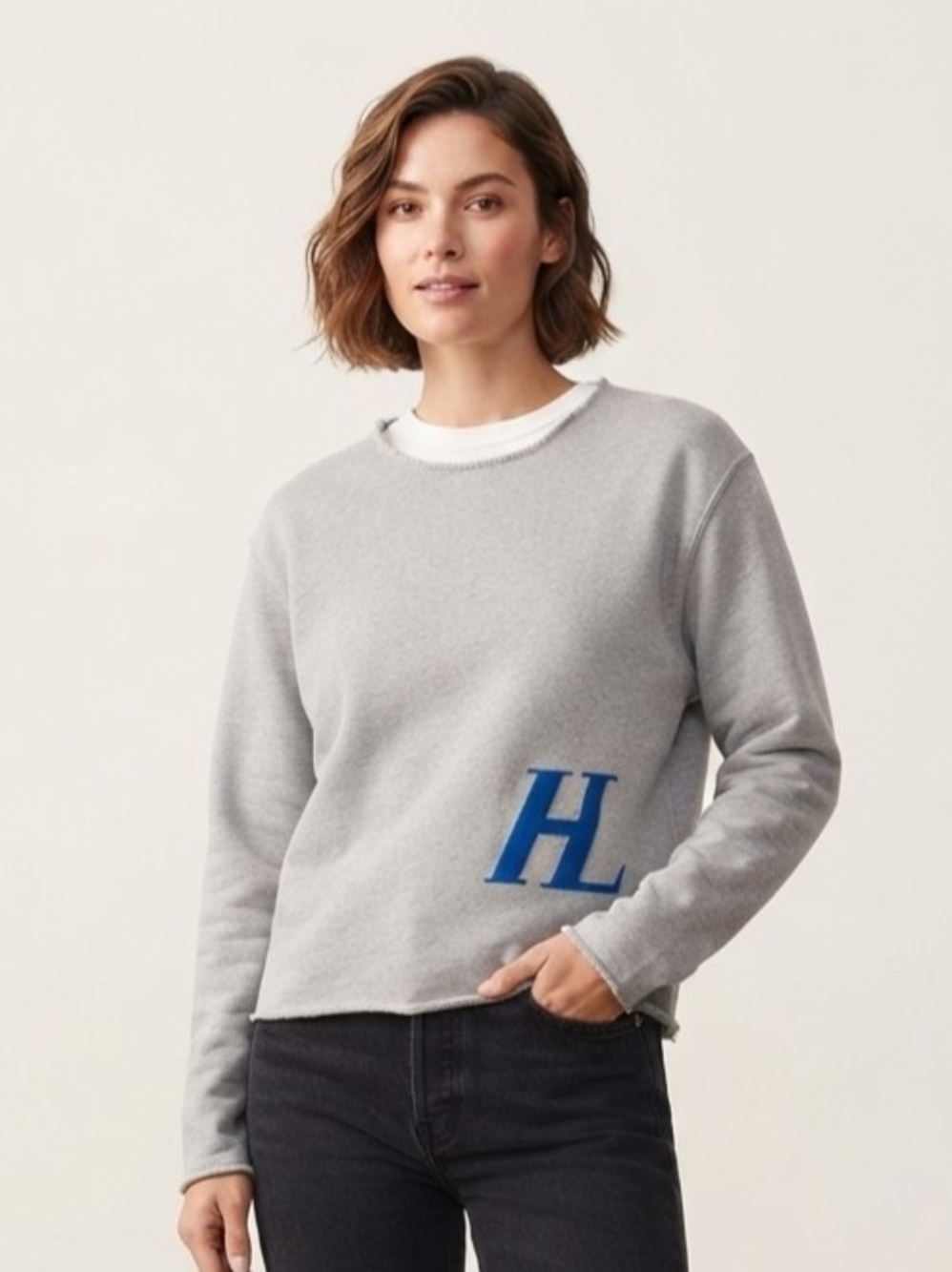 Helmut Lang Light Gray Crewneck Sweater with Blue 'HL' Accent